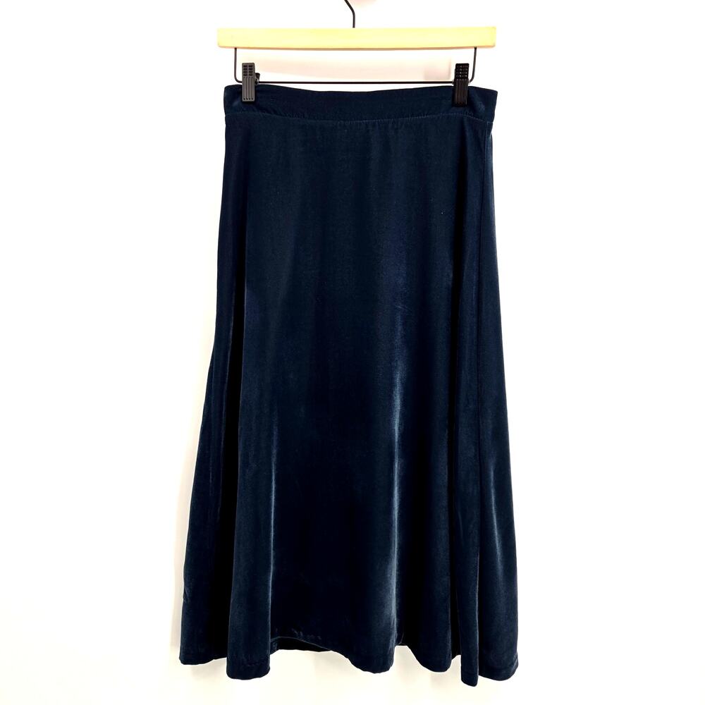 Ann Taylor 0 Blue Velvet Midi Skirt Velour A-Line Navy Midnight Lining Zip